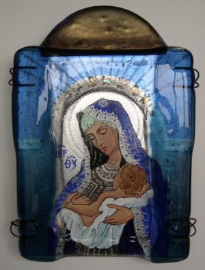 Gudsmoderikon, glasikon skrevet af ikonmaler Ingelise Møller, bullseyeglas på træ, 22x32 cm